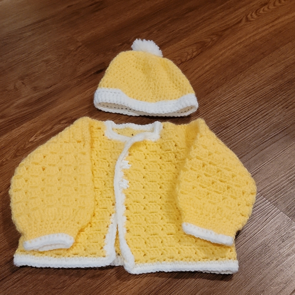 Yellow Crochet Baby Cardigan and Hat Set. Hand Knit. Never Used